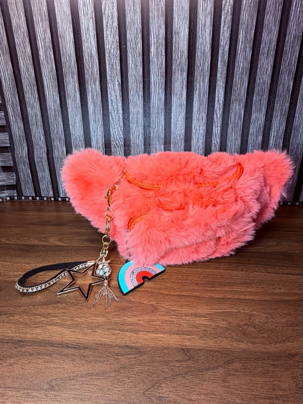 Coral Pink Faux Fur Crossbody Bag with Charm